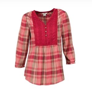 Bob Timberlake brick red plaid peasant blouse top lace yoke accent